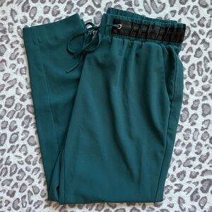 WHBM Taper Ankle Pull On Trouser Pants Size Medium Green Faux Leather Trim